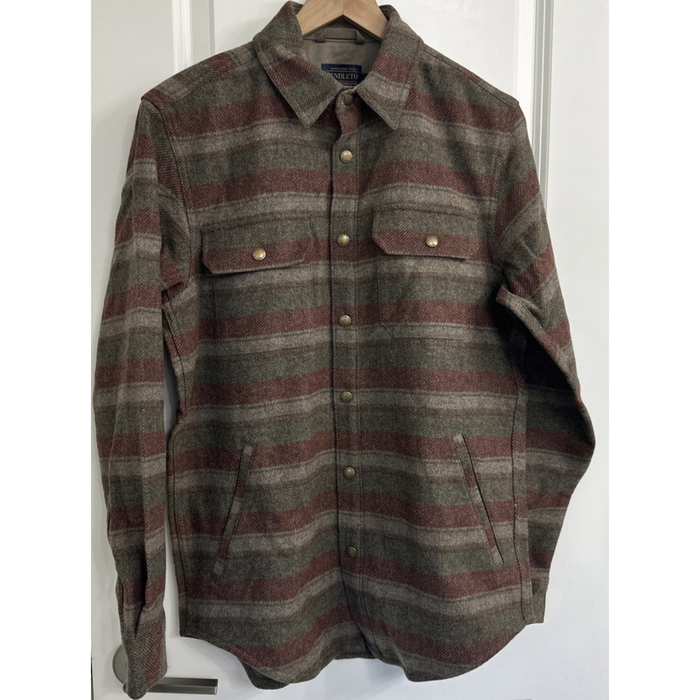 PENDLETON Men Size Small Forrest Twill Snap Shirt Green Mix/Rust Stripe Wool